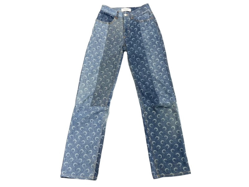 Marine Serre マリーンセル WHITE LINE パッチワーク デニムパンツ P009ICONW Sサイズ インディゴ ブルー 総柄 月 美品 中古 61689