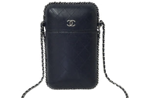 CHANEL シャネル フォンケース チェーンショルダーバッグ 25番台 ネイビー シルバー金具 美品 中古 61692