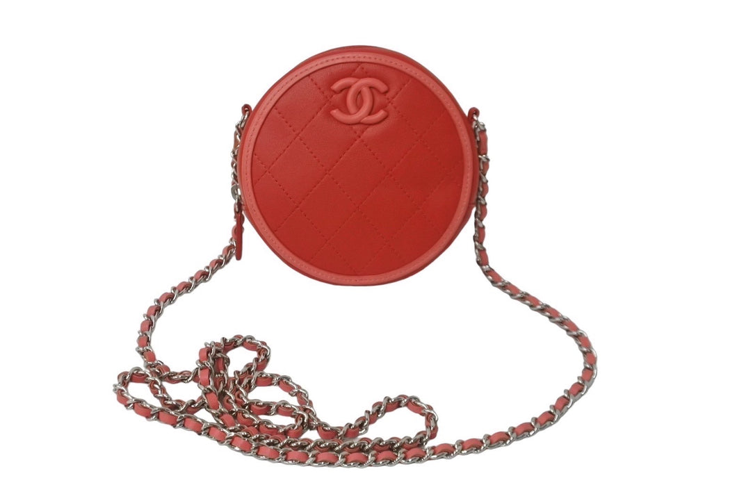 極美品 CHANEL シャネル ショルダーバッグ 27番台 チェーンショルダー ココマーク ラムスキン ラウンド レッド AP0060 中古 61749