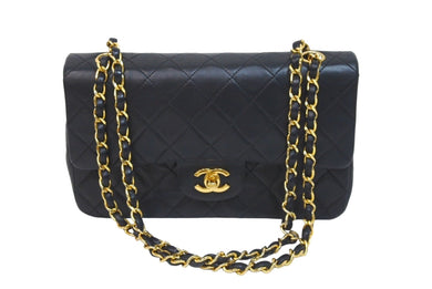 CHANEL シャネル Wフラップ マトラッセ チェーン ショルダーバッグ 23cm 1番台 ラムスキン ブラック ゴールド金具 美品 中古 61782
