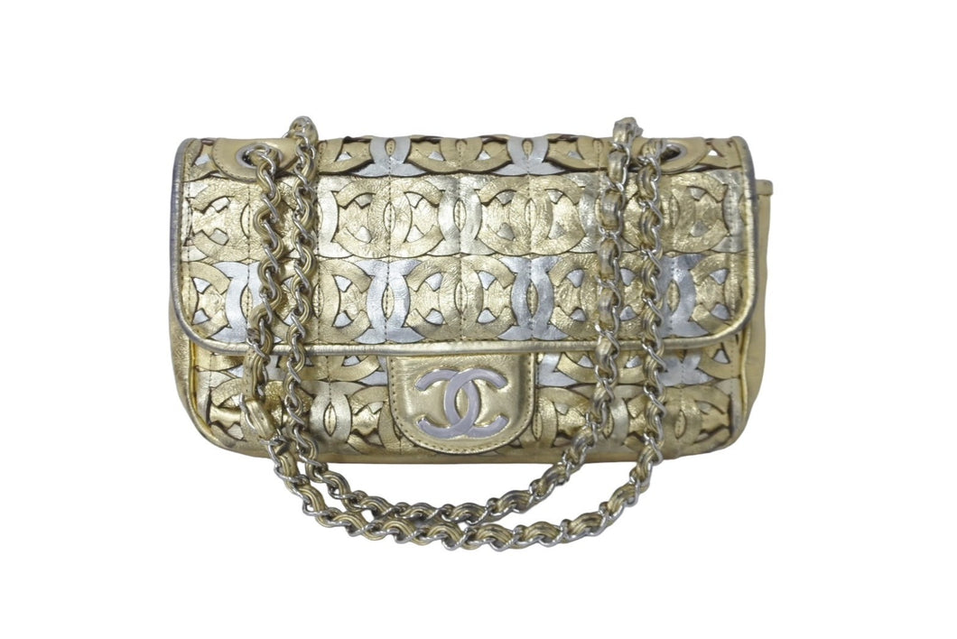 CHANEL シャネル ココマークパッチワーク CCチェーンショルダーバッグ ゴールド シルバー金具 12番台 総柄 美品 中古 61824