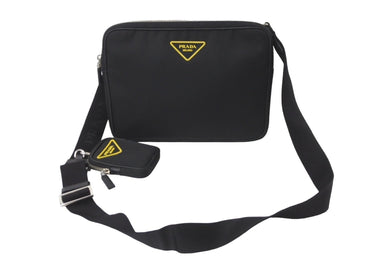 PRADA プラダ ショルダーバッグ ミニポーチ 2VH116 テッスート ネロ ジャッロ ナイロン カーフ ブラック イエロー 美品 中古 61829