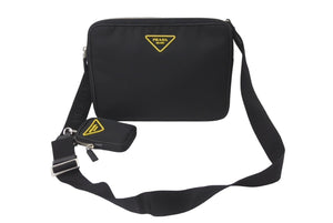 PRADA プラダ ショルダーバッグ ミニポーチ 2VH116 テッスート ネロ ジャッロ ナイロン カーフ ブラック イエロー 美品 中古 61829 