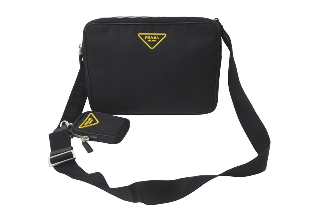 PRADA プラダ ショルダーバッグ ミニポーチ 2VH116 テッスート ネロ ジャッロ ナイロン カーフ ブラック イエロー 美品 中古 61829 