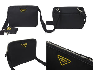 PRADA プラダ ショルダーバッグ ミニポーチ 2VH116 テッスート ネロ ジャッロ ナイロン カーフ ブラック イエロー 美品 中古 61829 