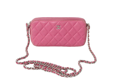 CHANEL シャネル 長財布 27番台 キルテッド ラムスキン チェーンウォレット ココマーク ピンク シルバー金具 良品 中古 61832
