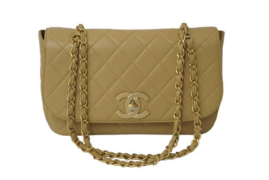 CHANEL シャネル シングルフラップ ショルダーバッグ 6番台 キャビアスキン ベージュ ゴールド金具 美品 中古 61837
