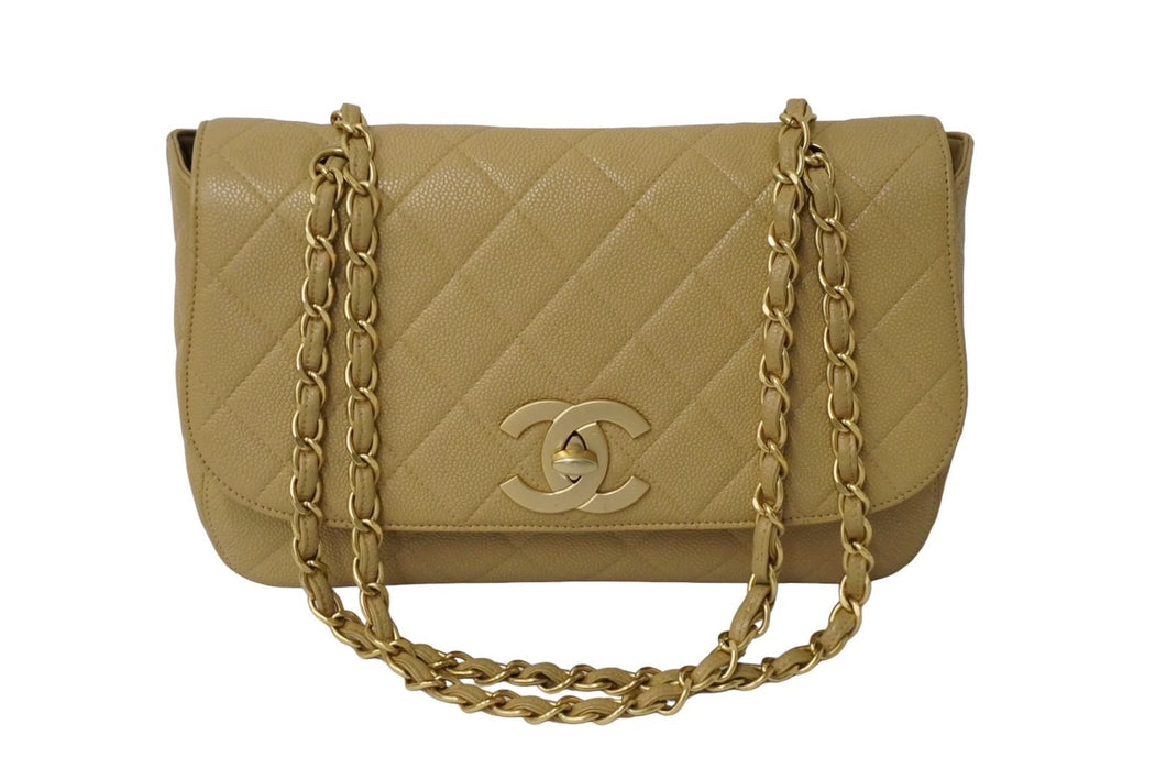 CHANEL シャネル シングルフラップ ショルダーバッグ 6番台 キャビアスキン ベージュ ゴールド金具 美品 中古 61837