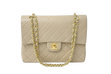 CHANEL シャネル フラップ ショルダーバッグ ラムスキン 0番台 中マトラッセ 25cm 縦長 ゴールド金具 ベージュ 中古 61838