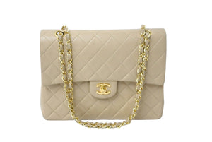 CHANEL シャネル フラップ ショルダーバッグ ラムスキン 0番台 中マトラッセ 25cm 縦長 ゴールド金具 ベージュ 中古 61838