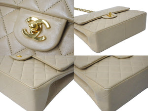 CHANEL シャネル フラップ ショルダーバッグ ラムスキン 0番台 中マトラッセ 25cm 縦長 ゴールド金具 ベージュ 中古 61838
