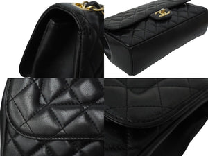極美品 CHANEL シャネル チェーンショルダーバッグ シングルフラップ ウェーブ マトラッセ25 21番台 ラムスキン ブラック ゴールド金具 中古 61840