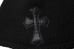 極美品 CHROME HEARTS クロムハーツ クロスパッチ カシミア ビーニー ニットキャップ ブラック 牛革 シルバー925 中古 61845