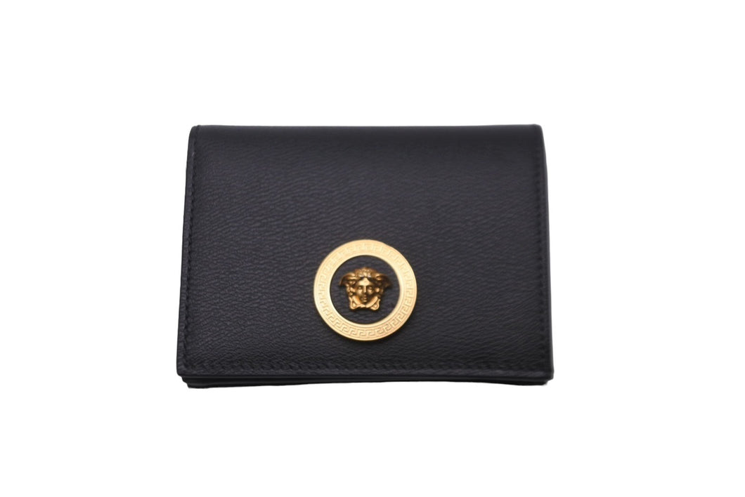 極美品 VERSACE ヴェルサーチ 二つ折り財布 レザー ブラック メデューサロゴ ゴールド金具 イタリア製 中古 61906 
