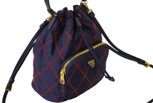 極美品 PRADA プラダ ハンドバッグ 2WAY トライアングルロゴ ナイロン ネイビー レッドカラーステッチ 巾着 1BH038 中古 61955 
