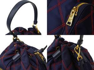 極美品 PRADA プラダ ハンドバッグ 2WAY トライアングルロゴ ナイロン ネイビー レッドカラーステッチ 巾着 1BH038 中古 61955 