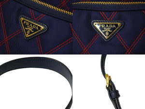 極美品 PRADA プラダ ハンドバッグ 2WAY トライアングルロゴ ナイロン ネイビー レッドカラーステッチ 巾着 1BH038 中古 61955 