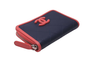 極美品 CHANEL シャネル ココマーク コインケース カードケース ピンク ネイビー 27番台 レザー シルバー金具 中古 61986