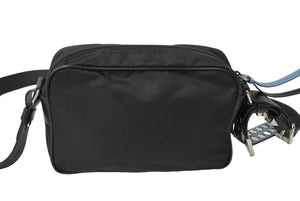 PRADA プラダショルダーバッグ トライアングルロゴ スタッズ ナイロン牛革 ブラック ブルー 1BC167 シルバー金具 美品 中古62019 