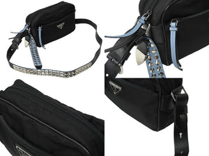 PRADA プラダショルダーバッグ トライアングルロゴ スタッズ ナイロン牛革 ブラック ブルー 1BC167 シルバー金具 美品 中古62019 