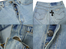 Load image into Gallery viewer, CHROME HEARTS クロムハーツ クロスパッチ デニムパンツ ブルー ブラック ダメージ シルバー金具 サイズ27 美品 中古 62061