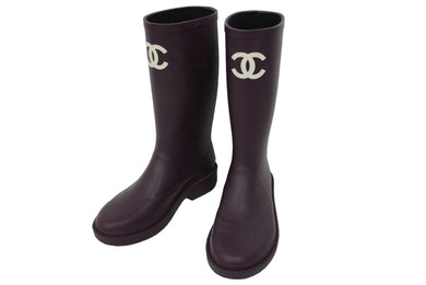 CHANEL シャネル ロング レイン ブーツ パープル ラバー ココマーク ロゴ 22A シューズ 靴 G38355 サイズ38 美品 中古 62101