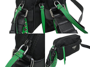 PRADA プラダショルダーバッグ トライアングルロゴ スタッズ ナイロン ブラック グリーン 1BC167 シルバー金具 中古 62126 