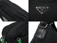 画像をギャラリービューアに読み込む, PRADA プラダショルダーバッグ トライアングルロゴ スタッズ ナイロン ブラック グリーン 1BC167 シルバー金具 中古 62126 