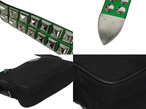 PRADA プラダショルダーバッグ トライアングルロゴ スタッズ ナイロン ブラック グリーン 1BC167 シルバー金具 中古 62126 