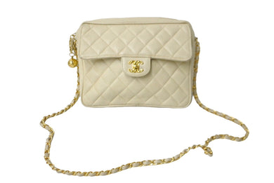 CHANEL シャネル ブリリアント 玉付き ビジューチェーンショルダーバッグ ココマーク キャビアスキン 2番台 1992年 ベージュ美品 中古 62153