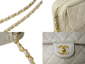 CHANEL シャネル ブリリアント 玉付き ビジューチェーンショルダーバッグ ココマーク キャビアスキン 2番台 1992年 ベージュ美品 中古 62153