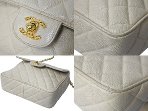 CHANEL シャネル ブリリアント 玉付き ビジューチェーンショルダーバッグ ココマーク キャビアスキン 2番台 1992年 ベージュ美品 中古 62153