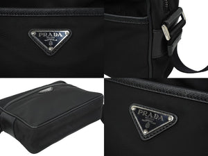 PRADA プラダショルダーバッグ トライアングルロゴ 2VH048 ナイロン サフィアーノレザー ブラック シルバー金具 美品 中古 62201 
