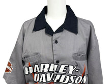 Load image into Gallery viewer, HARLEY DAVIDSON ハーレーダビッドソン 刺繍 半袖オープンカラーシャツ ファイヤーパターン グレー ブラック サイズS 美品 中古 4b006221