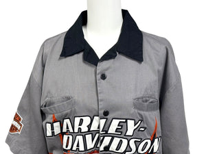 HARLEY DAVIDSON ハーレーダビッドソン 刺繍 半袖オープンカラーシャツ ファイヤーパターン グレー ブラック サイズS 美品 中古 4b006221