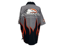 Load image into Gallery viewer, HARLEY DAVIDSON ハーレーダビッドソン 刺繍 半袖オープンカラーシャツ ファイヤーパターン グレー ブラック サイズS 美品 中古 4b006221