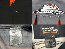 Load image into Gallery viewer, HARLEY DAVIDSON ハーレーダビッドソン 刺繍 半袖オープンカラーシャツ ファイヤーパターン グレー ブラック サイズS 美品 中古 4b006221