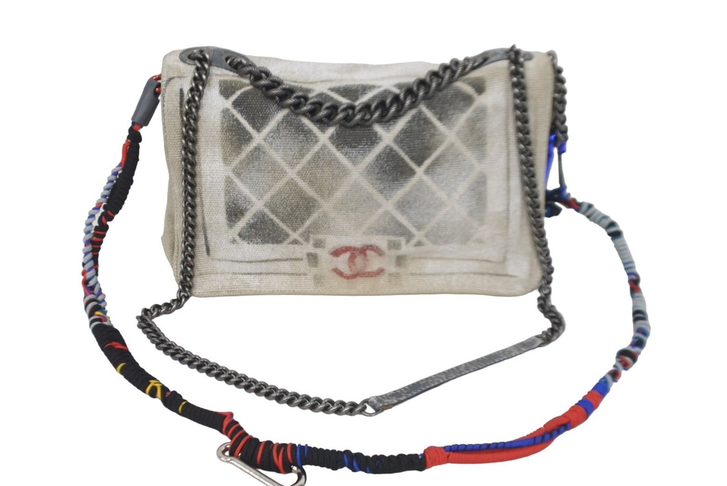 名作 CHANEL シャネル アクト2 マトラッセ チェーンショルダーバッグ キャンバス グレー 19番台 ペンキ 美品 中古 62226