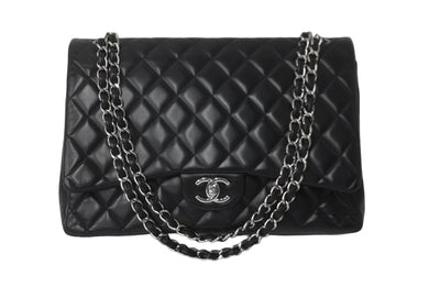 CHANEL シャネル Wフラップチェーンショルダーバッグ デカマトラッセ 33cm 18番台 ラムスキン ブラック シルバー 美品 中古 62304