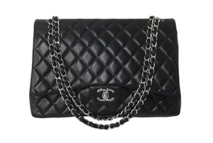 CHANEL シャネル Wフラップチェーンショルダーバッグ デカマトラッセ 33cm 18番台 ラムスキン ブラック シルバー 美品 中古 62304