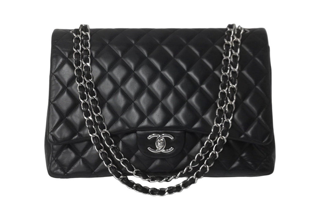 CHANEL シャネル Wフラップチェーンショルダーバッグ デカマトラッセ 33cm 18番台 ラムスキン ブラック シルバー 美品 中古 62304
