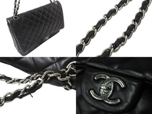 CHANEL シャネル Wフラップチェーンショルダーバッグ デカマトラッセ 33cm 18番台 ラムスキン ブラック シルバー 美品 中古 62304