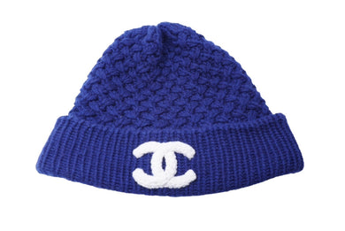 極美品 CHANEL シャネル ココマーク カシミヤ ニットキャップ ブルー ロゴ ビーニー 帽子 ニット帽 小物 美品 中古 62449