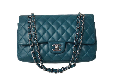 CHANEL マトラッセWフラップチェーンショルダー 15番台 25cm ショルダーバッグ グリーン×シルバー金具 ラムスキン 美品 中古 62468