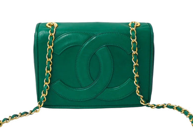 CHANEL シャネル チェーンショルダーバッグ ココマーク ヴィンテージ 0番台 ラムスキン グリーン ゴールド金具 美品 中古 62469