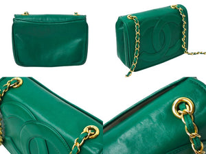 CHANEL シャネル チェーンショルダーバッグ ココマーク ヴィンテージ 0番台 ラムスキン グリーン ゴールド金具 美品 中古 62469