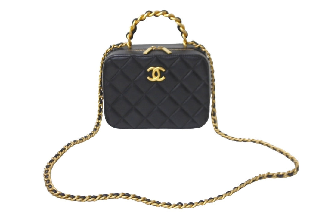 極美品 CHANEL シャネル トップハンドル ヴァニティ スモール チェーン ショルダーバッグ ラムスキン ブラック ランダム 中古 62501