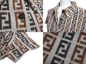 FENDI フェンディ パイル地ズッカ柄 ポロシャツ ブラウン コットン グレー サイズ44 美品 中古 62529 