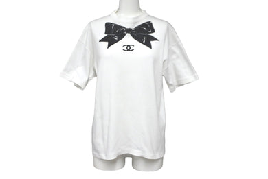 CHANEL シャネル ココマーク リボンプリント 半袖Ｔシャツ ホワイト ブラック 品質タグなし 美品 中古 62533