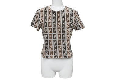 極美品 FENDI フェンディ 半袖Ｔシャツ サイズ42 ズッカ総柄 D-OS-9300DW コットン ナイロン ブラウン グレー 中古 62534 